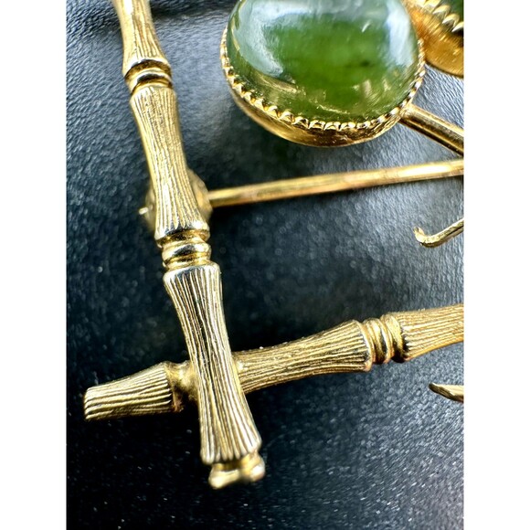 Vintage 12k GF Gold Filled Bamboo Floral Jade Nephrite Pin Brooch - Picture 8 of 8